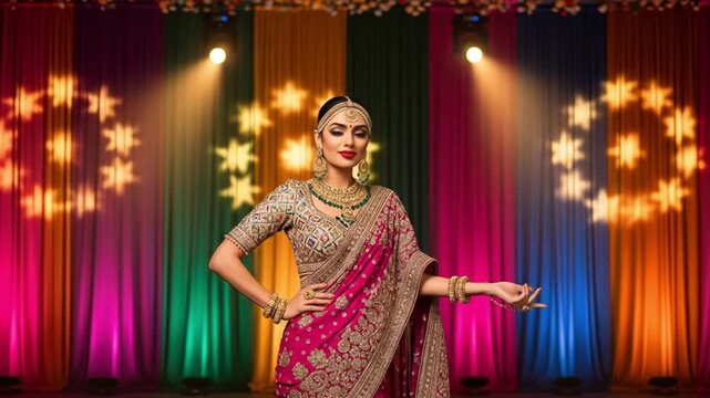Beautiful Indian Woman in Traditional Saree Performing Dance on Stage.