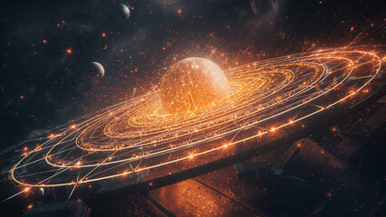 Futuristic Golden Planet with Glowing Rings and Distant Moons