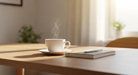 Steaming mug notebook  pen sit on a sunlit table a plant  chair add depth