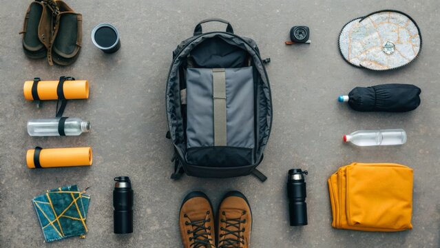 A hikers backpack being prepared for a trip outdoors