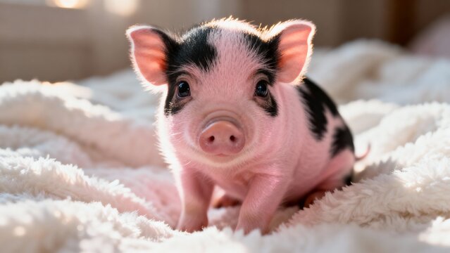 Adorable teacup mini piglet with pink nose smiles on soft blanket