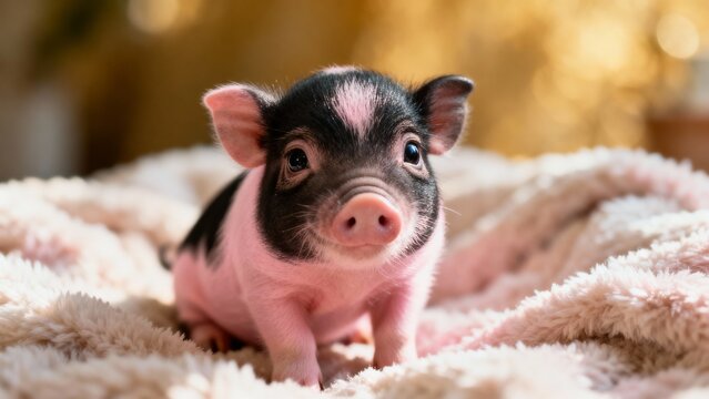 Tiny piglet plays with toy in cozy indoor setting