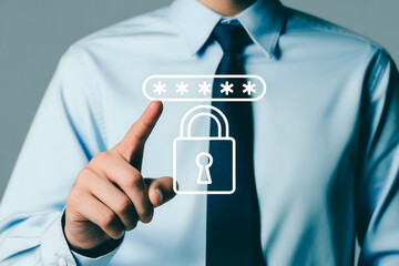 Man in shirt and tie touching digital lock and password interface on a virtual screen display 100