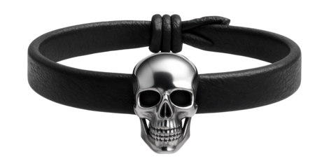 Leather bracelet featuring a steel skull design and adjustable knot fastening.