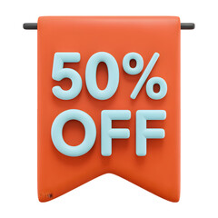 50_ Off sale Banner 3d icon in cartoon plastic style minimal isolated on transparent white background, clipping path