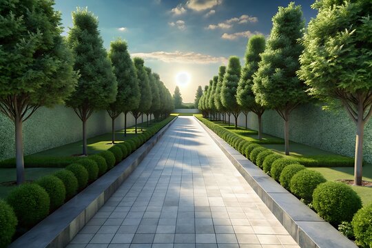 Sunlit pathway lined with tall trees and manicured bushes - Powered by Adobe