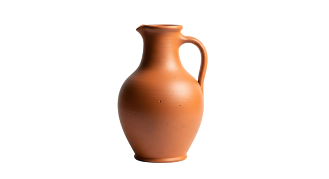Elegant terracotta jug with handle isolated on transparent background for creative designs