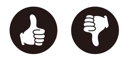 評価のマーク。親指を立てたアイコン、親指を下げたアイコン。漫画風のグッドサイン。