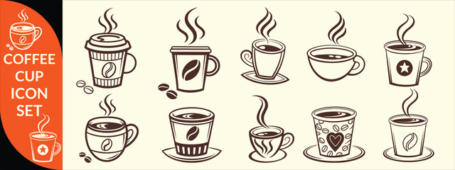 Coffee cup icon. Set of vector cups with coffee. Coffee cup logo. big coffee set design .