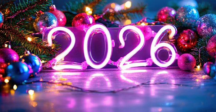 Bright neon digits display year 2026. Festive ornaments, lights create vibrant holiday scene. Celebration, joy, future evident.