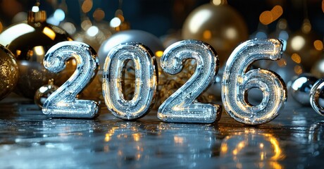 Silver numerals display year 2026. Golden ornaments surround digits, creating festive mood. Reflections visible on surface.
