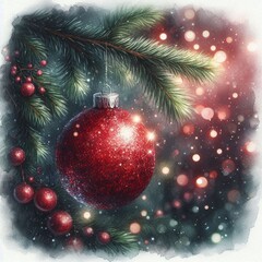 glitzernde Weihnachtskugel an einem Tannenzweig h&auml;ngend