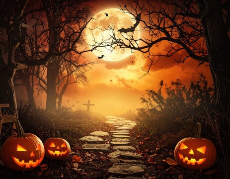 Halloween Pathway to moonlit graveyard, pumpkins glowing - Powered by Adobe