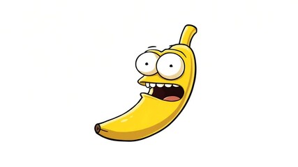 A yellow cartoon banana with large eyes, a surprised expression, and exposed teeth. Set against white