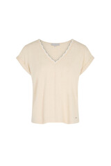 A simple cream colored v neck short sleeve t shirt with a relaxed fit and clean design on a black background