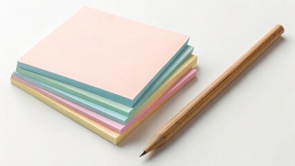 A stack of pastel sticky notes with a wooden pencil alongside