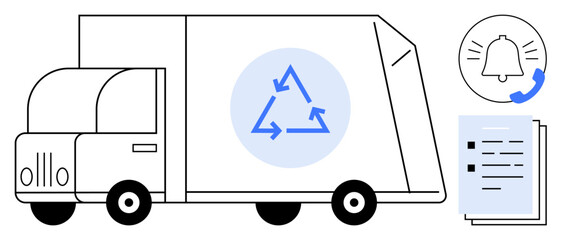 Green recycling truck with triangular recycling sign, notification bell, and documents. Ideal for eco-awareness, sustainability, recycling campaigns, logistics, waste management, eco-friendly