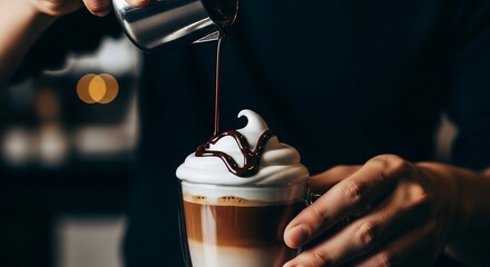 Male barista pouring chocolate onto Dalgona mocha, cinematic coffee close-up photography for social media beverage trends