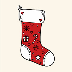 Festive Red Christmas Stocking with Heart and Snowflake Decorations, Ideal for Holiday Season Celebration