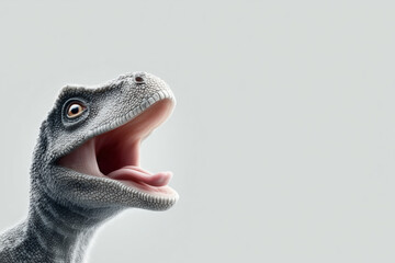 Cute baby dinosaur with mouth open licking its lips. Surprised grey prehistoric animal on plain background