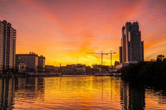 Dusk over the Tampa River Walk, in Downtown Tampa Bay, Florida. Captured in Autumn. 