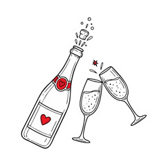 Romantic celebration illustration featuring a heart-decorated sparkling wine bottle uncorking with delightful bubbles, alongside two elegant flutes making a joyful toast for special occasions