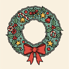 Festive Christmas Wreath Illustration with Holly, Candy Canes, and Bow for Holiday Decorations