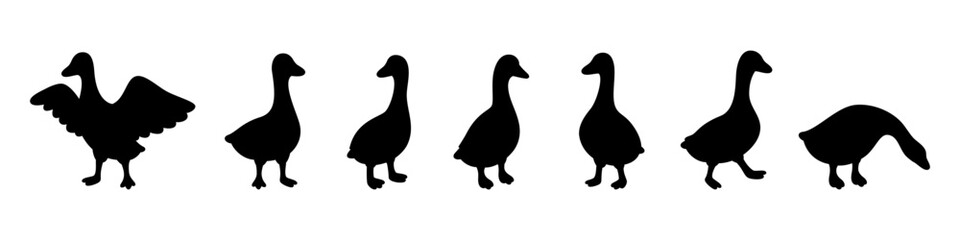 Minimal goose silhouettes in walking and standing positions. Cartoon vector icon pack