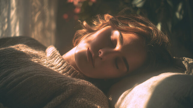 A serene young woman sleeping peacefully indoors, bathed in soft sunlight. She appears relaxed and at peace