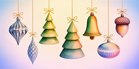 Watercolor style Christmas ornaments like trees, bells, teardrops and acorns hang with golden strings