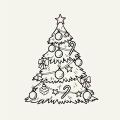 Charming hand-drawn holiday tree illustration adorned with festive ornaments, stars, and candy canes, embodying seasonal cheer and winter celebration vector graphic