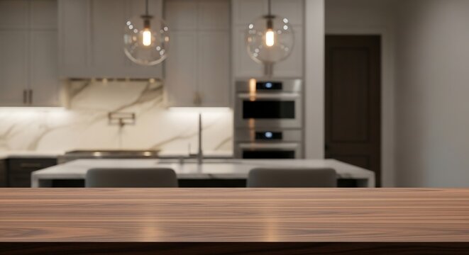 Dark walnut table with soft-focus luxury kitchen background, interior photography for upscale real estate and modern home branding