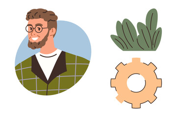 Man with glasses and a modern style next to green leaves and a gear icon. Ideal for creativity, innovation, technology, personal growth, teamwork, nature integration, business strategy. Clean flat