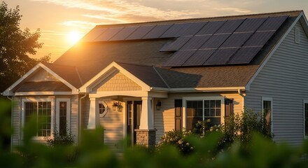 Obraz premium Warm sunset solar panels on cozy suburban house, atmospheric residential photography for sustainable living campaigns