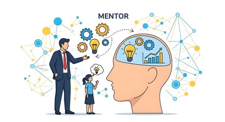 Adult mentor guiding child in study with brain, gear and idea iconography representing academic support and cognitive development.