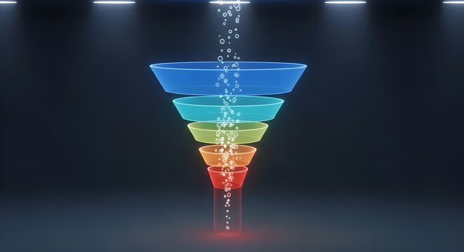Colorful inverted funnel with falling particle stream representing conversion optimization and lead-to-customer flow visualization.