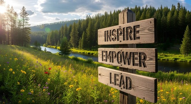 Wooden sign reading 'inspire empower lead' in a sunlit meadow by a river and forest, symbolizing motivational speaking from coaching, leadership guidance and personal growth.