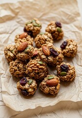 Obraz premium Rustic granola clusters on kraft parchment, natural overhead light, wholesome lifestyle snack photography for wellness branding