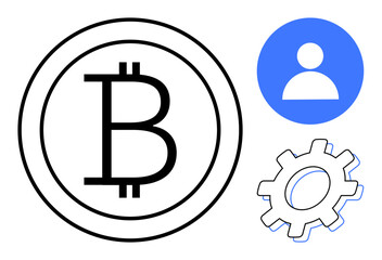 Bitcoin icon in a circle, a blue user profile symbol, and black gear wheel. Ideal for blockchain, technology, cryptocurrency, management, user accounts fintech digital assets. Simple flat metaphor