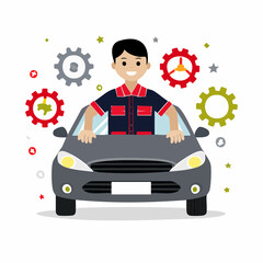 Smiling mechanic leaning over car hood in auto repair shop surrounded by gears, showcasing automotive service and maintenance with a cheerful vibe.