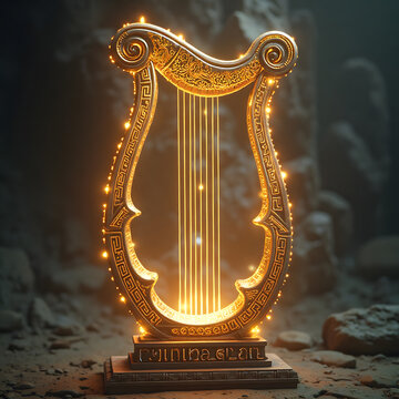 幻想的に光る装飾レリーフのライア竪琴の3Dイメージ｜3D Image of Ornate Lyre Harp Glowing in Fantasy Light