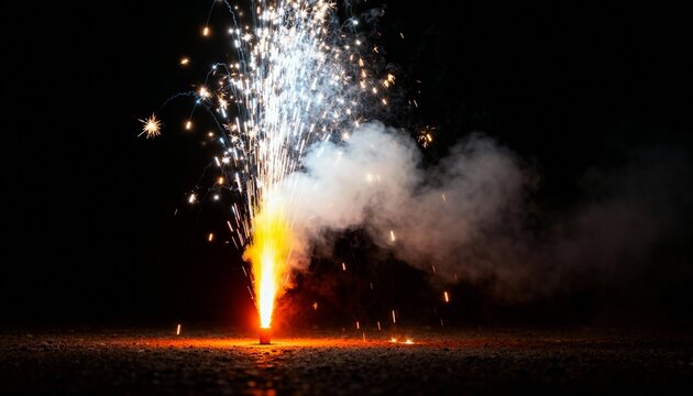 Outdoor sparkler erupts with smoke and bright light against dark background