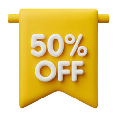 50_ Off sale Banner 3d icon in cartoon plastic style minimal isolated on transparent white background, clipping path