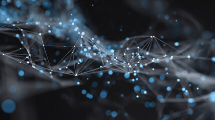 Abstract digital data network with glowing particles and connected lines, representing a complex interconnected system or network