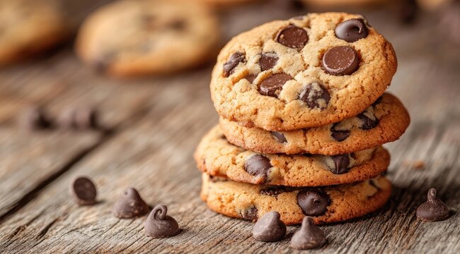 Stacked chocolate chip cookies on rustic wood (9)
