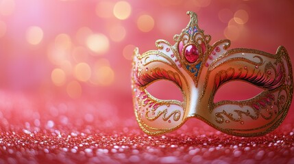 Elegant golden carnival mask on a sparkling pink background, symbolizing Mardi Gras, masquerade balls, festive celebrations, and Venetian holiday themes. Copy space for text