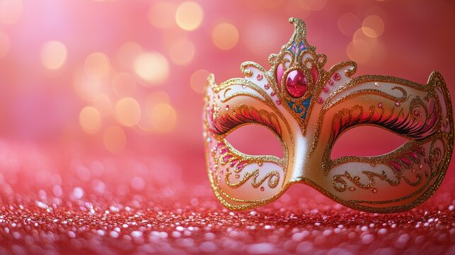 Elegant golden carnival mask on a sparkling pink background, symbolizing Mardi Gras, masquerade balls, festive celebrations, and Venetian holiday themes. Copy space for text