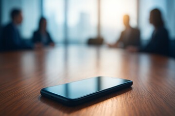 Smartphone on conference table with meeting in background