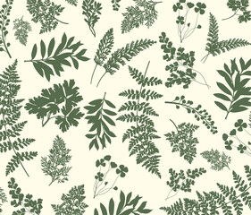 A botanical background featuring forest plant silhouettes, leaves, and branches in a natural style. This elegant seamless pattern is suitable for packaging, textiles, and nature-inspired designs.