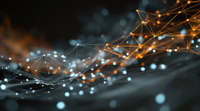 Abstract digital network with interconnected points and glowing nodes, illustrating complex data flow and connections. The image suggests a vast and intricate web of digital information.